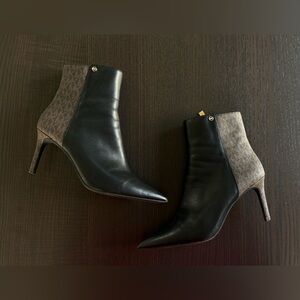 Michael Kors Black Leather Pointed-Toe Ankle Boots with Taupe Logo-Print Heel